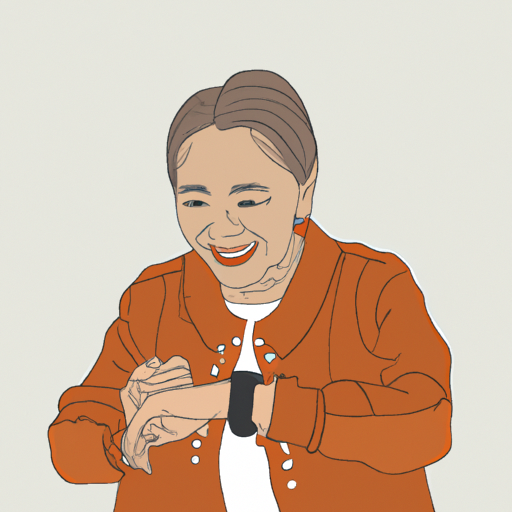 אישה מבוגרת משתמשת בשמחה בשעון החכם שלה כדי לפקח על בריאותה.