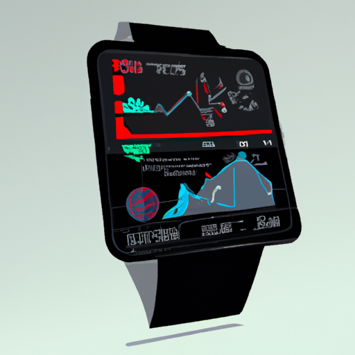 תיאור עתידני של שעון חכם המציג נתונים סטטיסטיים בריאותיים שונים.